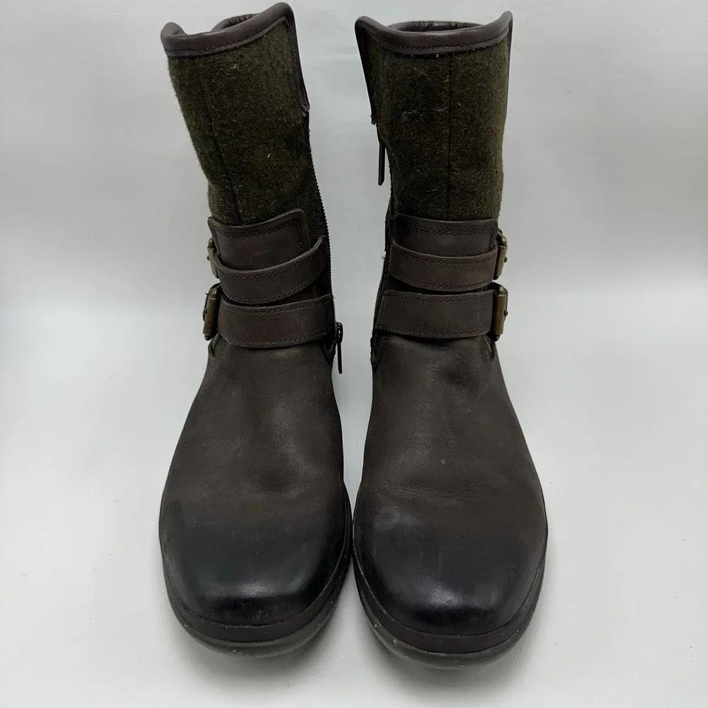 UGG Simmens Waterproof Leather Wool Moto Boots Brown Green Plaid Size 6.5-7